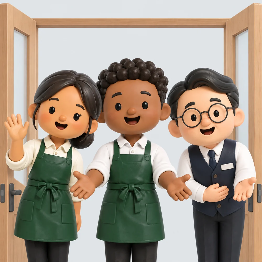 扉の前で迎える3人の3Dイラスト