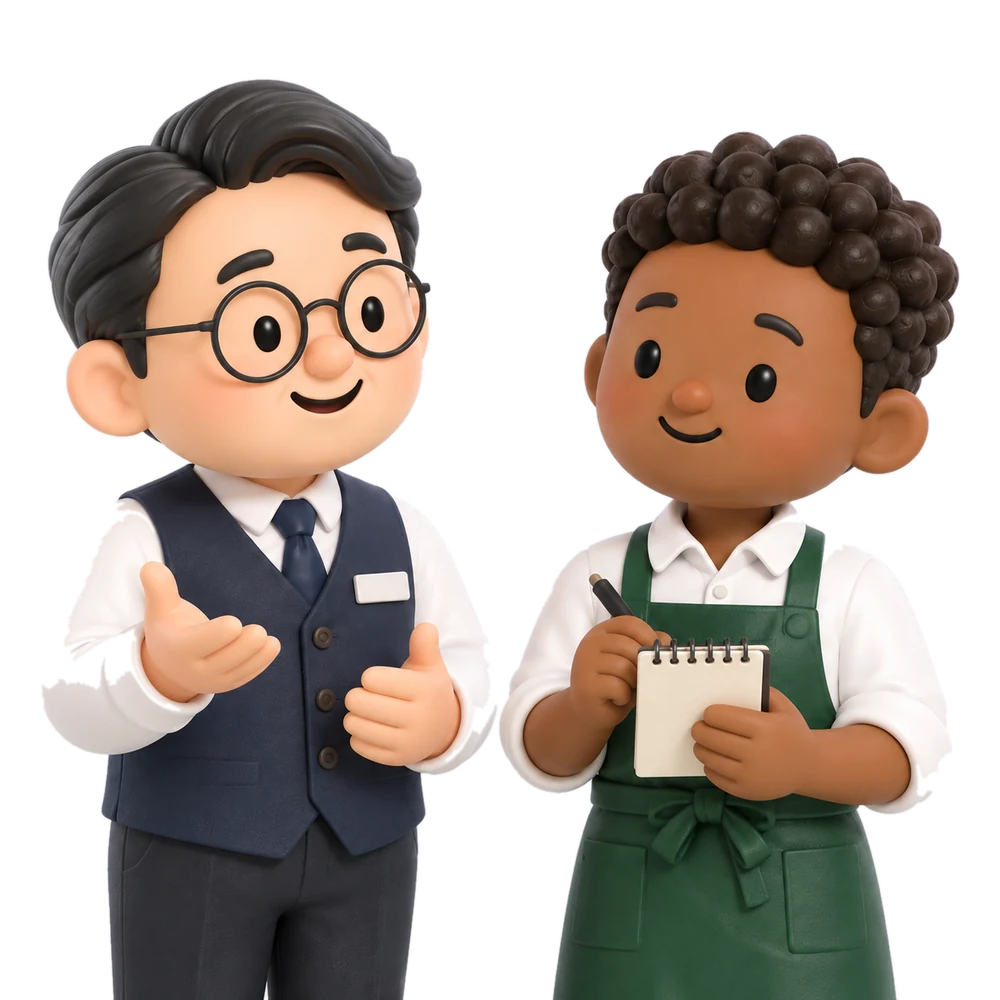 話し合う店長と外国人スタッフの3Dイラスト
