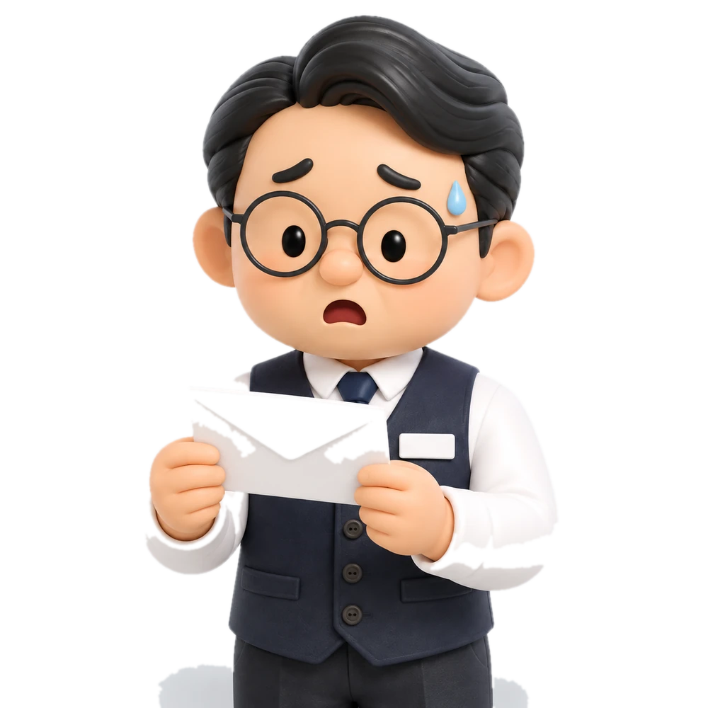 封筒を手に困った顔の店長の3Dイラスト